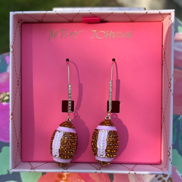 *NWT* Betsey Johnson Faux Stone Football Dangle Earrings - Picture 1 of 5